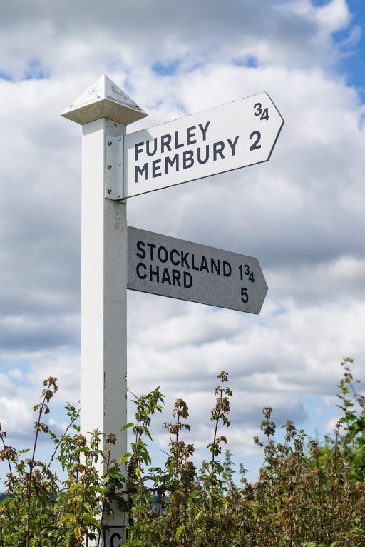Finger post showing distance to Furley, Membury, Stockland and Chard