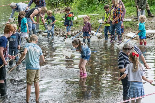 group of children and adults river dipping in the river
