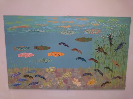 Colourful collage artwork created by children. Inspired by river habitat
