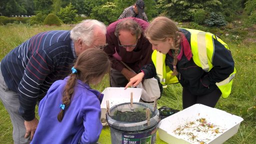 men and children stood looking at wildlife and flowers
