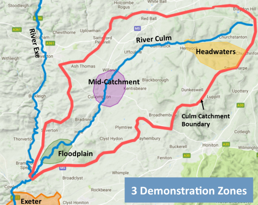 Map showing demonstration zones in the river Culm catchment