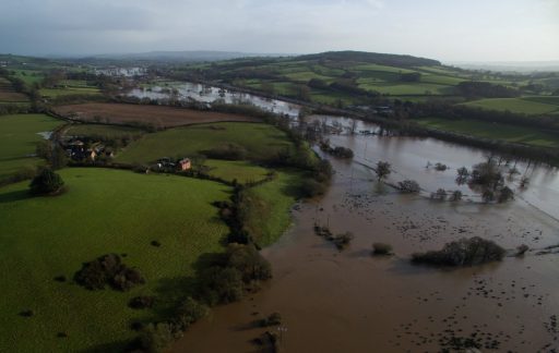 Aerial photo of flooded river and surrounding landscape