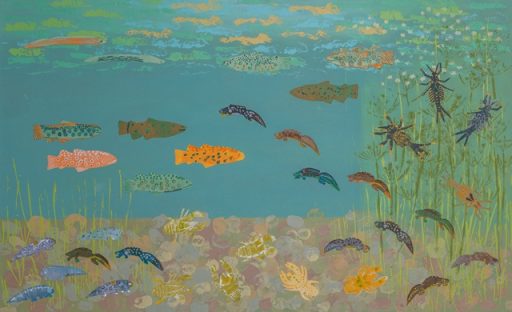 childrens post card design of fish in the river