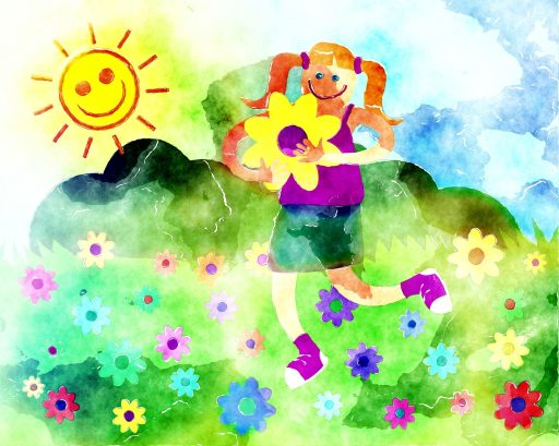 watercolour flowers print with girl holding a flower
