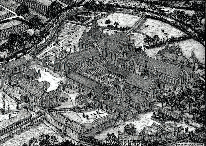 A black and white illustration of how Dunkeswell Abbey would have looked