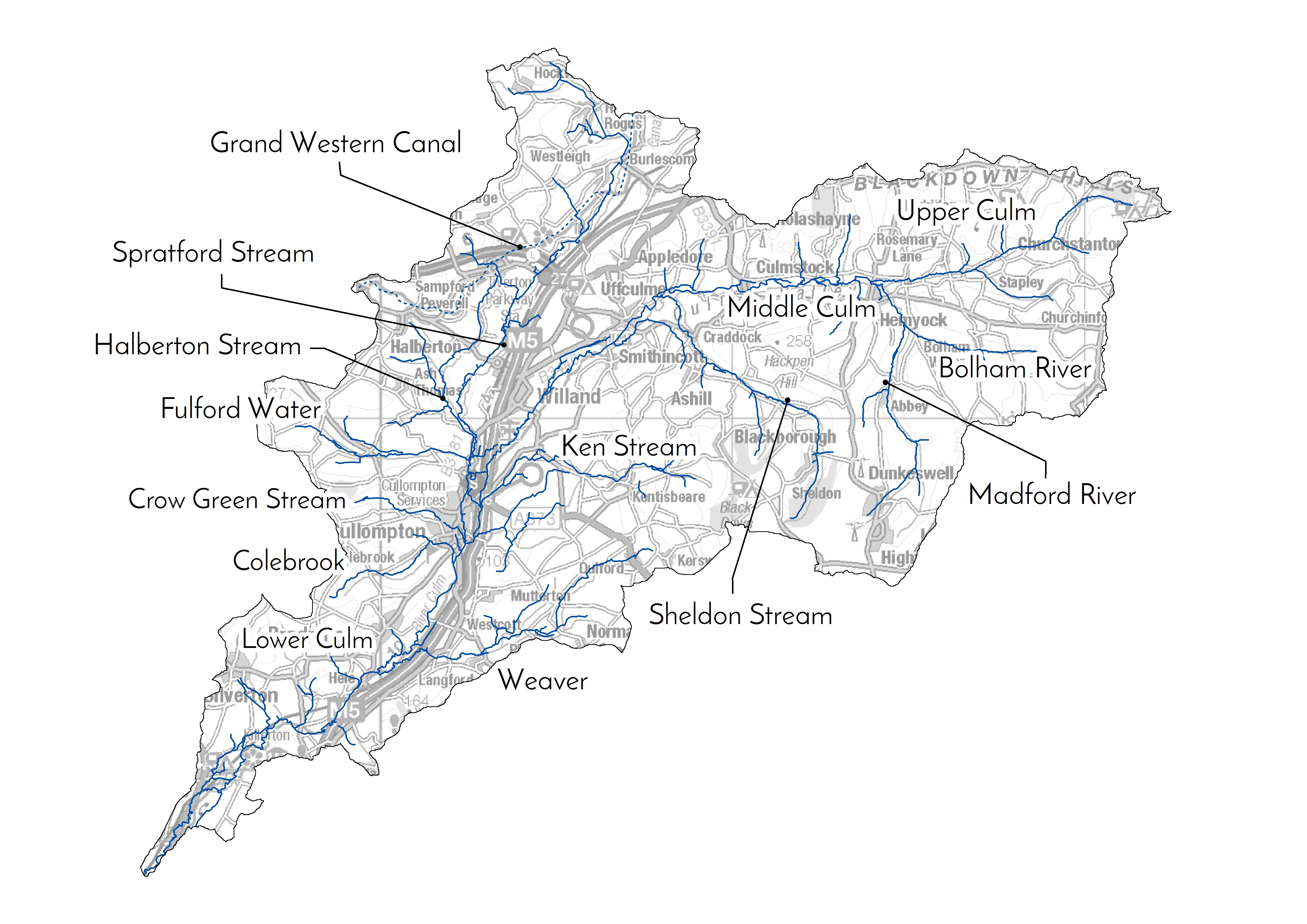 A map showing the River Culm and it's tributaries and the nearby towns and villages