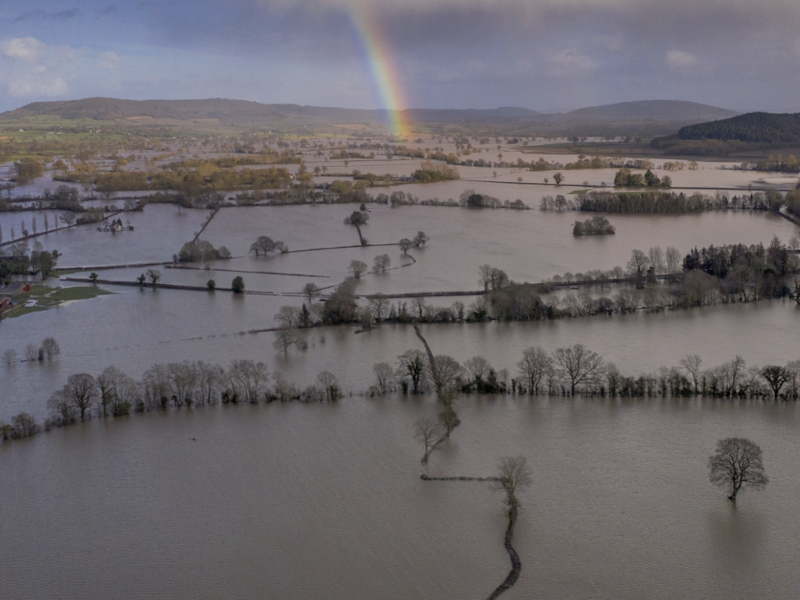fields flooded surrounding the river culm with rainbow