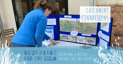 lady stood looking at maps with a blue display board