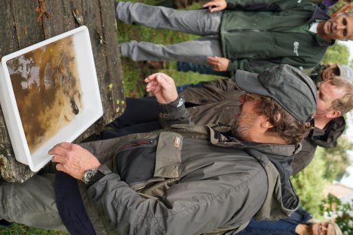 group of people looking at a river water sample