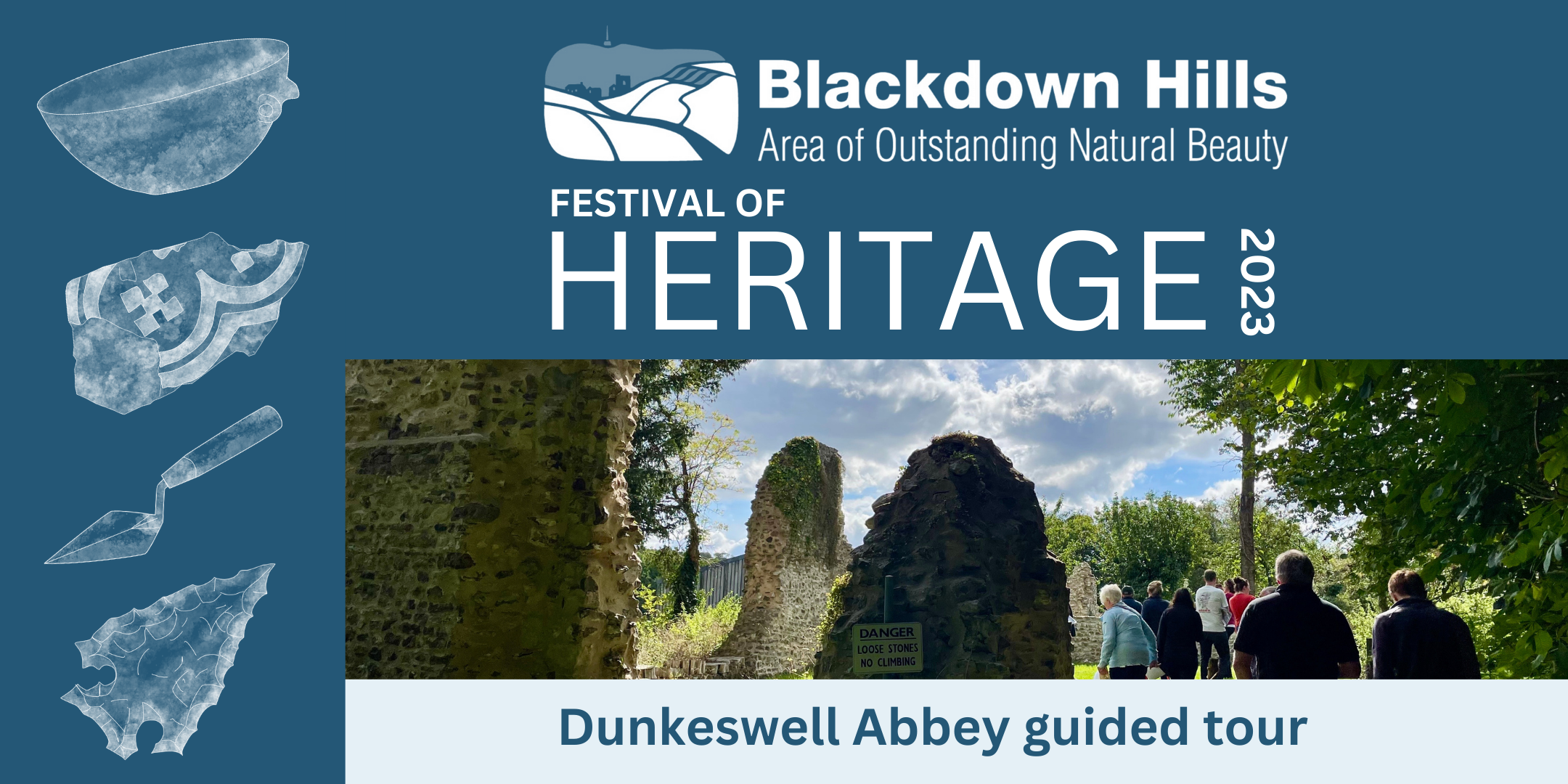 Dunkeswell Abbey guided tour poster with people walking past the remains
