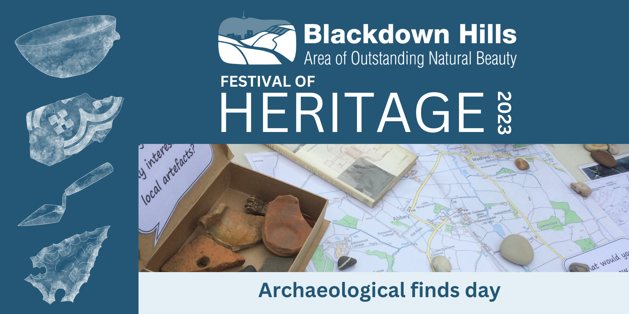 Advert with an image of pottery fragments, flints, a map and a history book