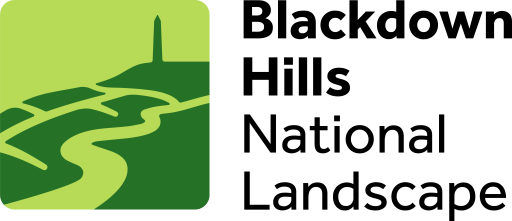 Blackdown Hills National Landscape logo - illustration of fields, a river and Wellington Monument