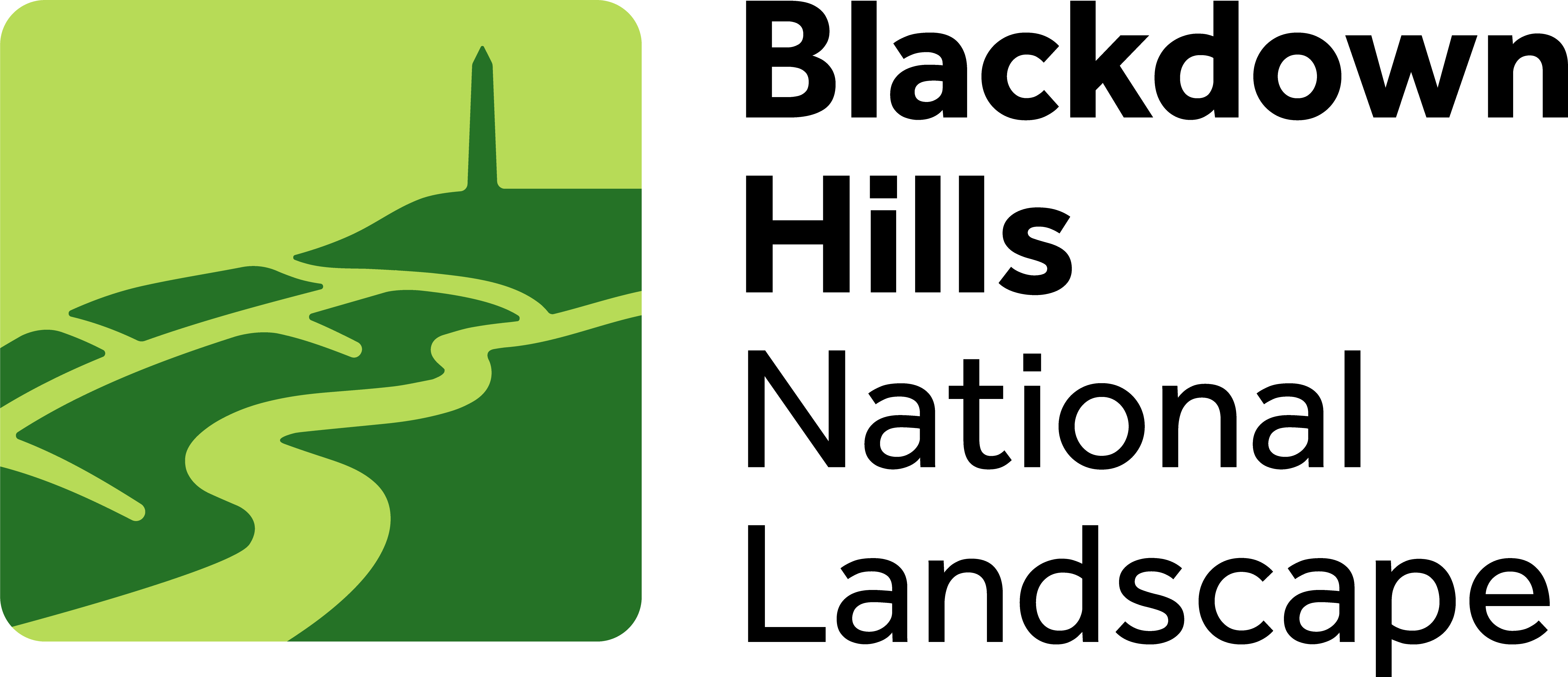 Blackdown Hills National Landscape logo - illustration of fields, a river and Wellington Monument