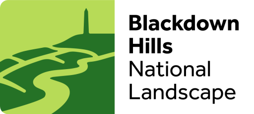 Blackdown Hills National Landscape logo - illustration of fields, a river and Wellington Monument