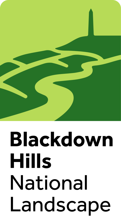 Blackdown Hills National Landscape logo - illustration of fields, a river and Wellington Monument