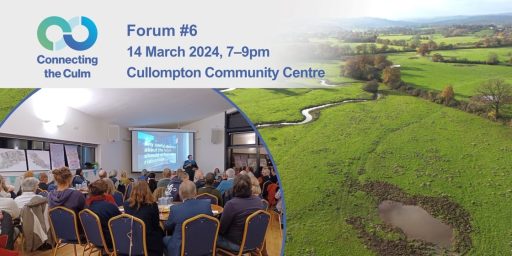 A montage of people sat watching a presentation and a field with streams running though it