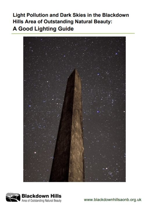 Light Pollution and Dark Skies in the Blackdown Hills Area of Outstanding Natural Beauty: A Good Lighting Guide. Photo of Wellington Monument with a starry sky in the background.