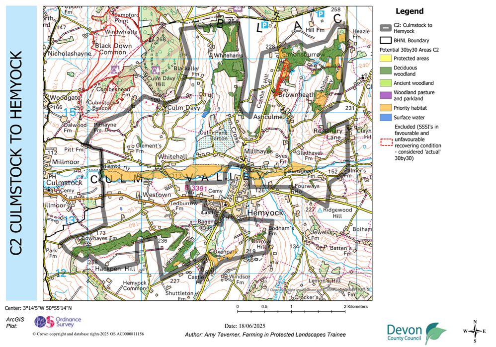 Map showing potential 30by30 within the Blackdown Hills National Landscape