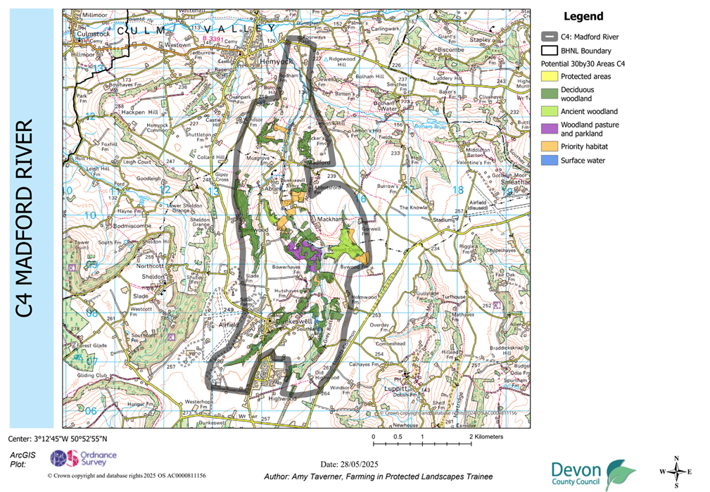 Map showing potential 30by30 within the Blackdown Hills National Landscape