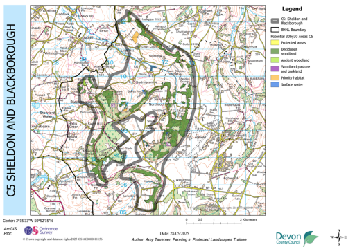 Map showing potential 30by30 within the Blackdown Hills National Landscape