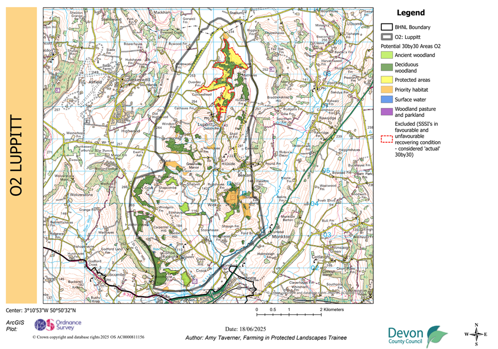 Map showing potential 30by30 within the Blackdown Hills National Landscape