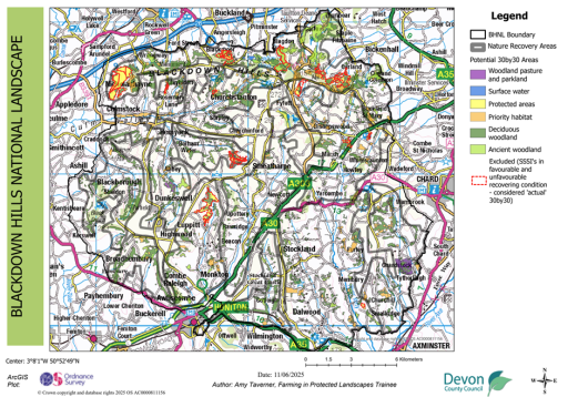 Map showing potential 30by30 within the Blackdown Hills National Landscape