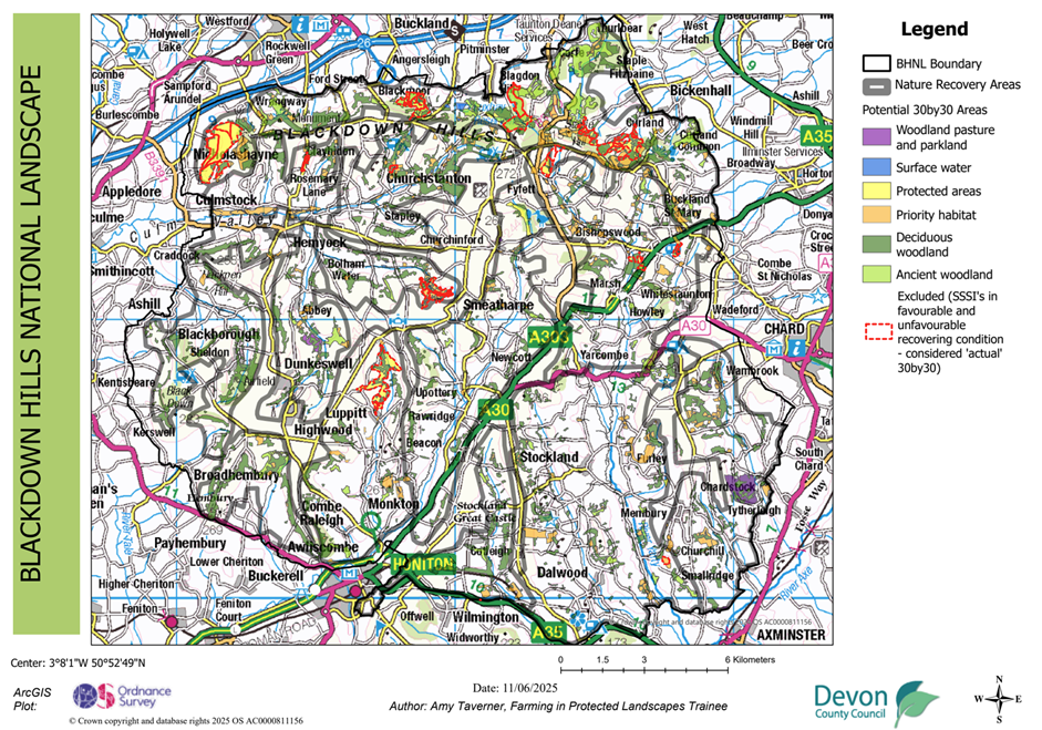 Map showing potential 30by30 within the Blackdown Hills National Landscape