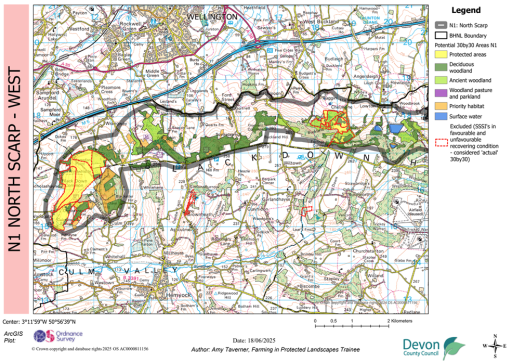 Map showing potential 30by30 within the Blackdown Hills National Landscape