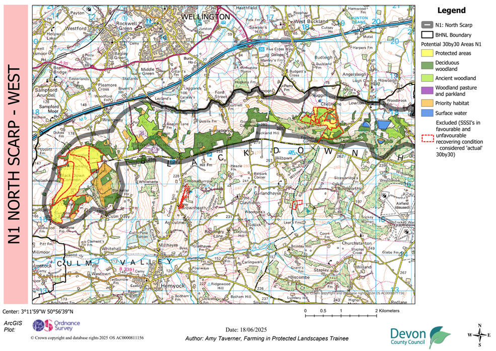 Map showing potential 30by30 within the Blackdown Hills National Landscape