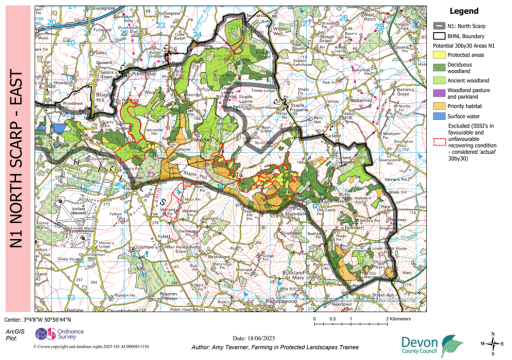 Map showing potential 30by30 within the Blackdown Hills National Landscape