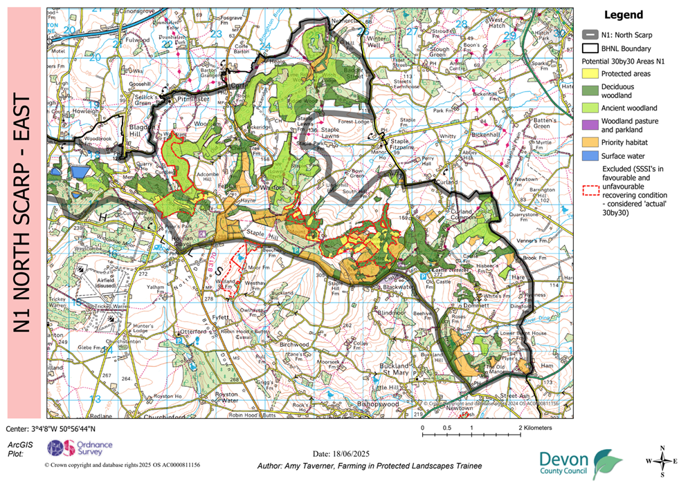 Map showing potential 30by30 within the Blackdown Hills National Landscape