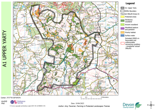Map showing potential 30by30 within the Blackdown Hills National Landscape