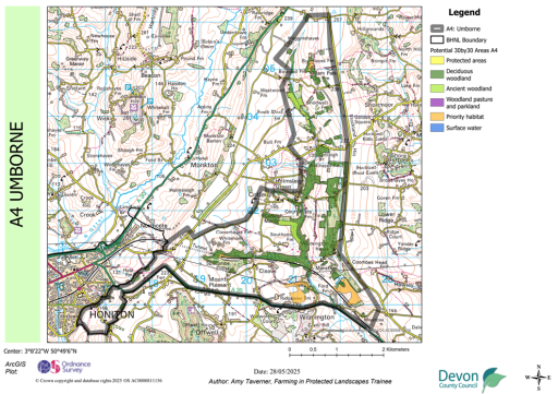 Map showing potential 30by30 within the Blackdown Hills National Landscape