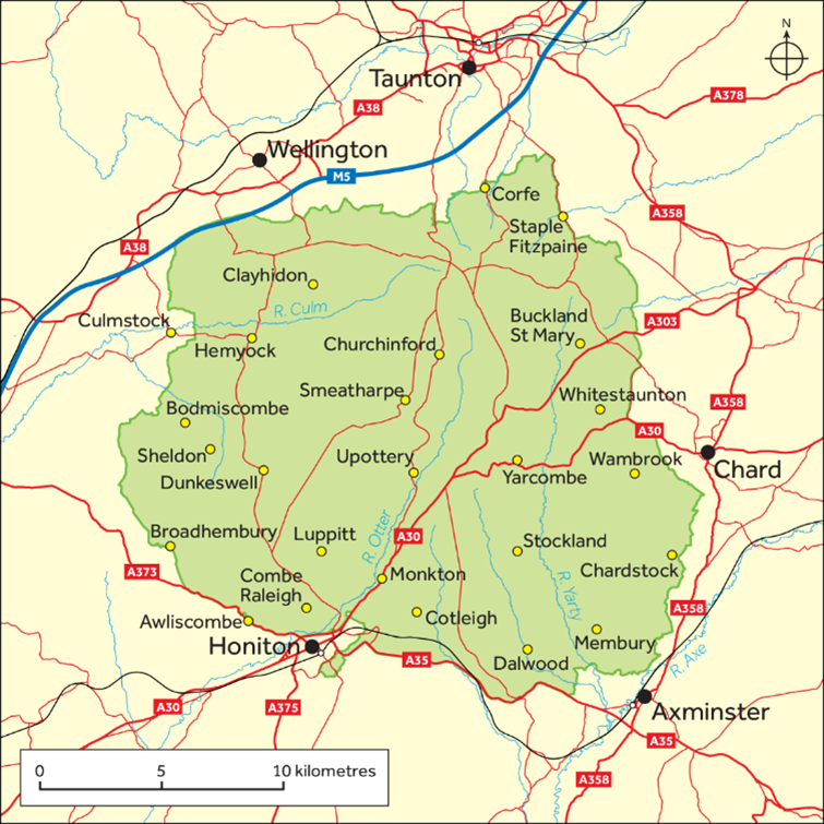 Map showing Blackdown Hills National Landscape and settlements