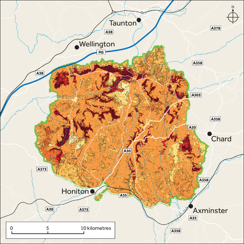 Map showing density of soil carbon stocks in Blackdown Hills