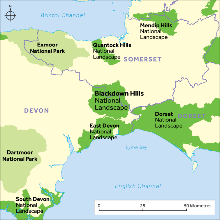 Map showing Blackdown Hills National Landscape in region