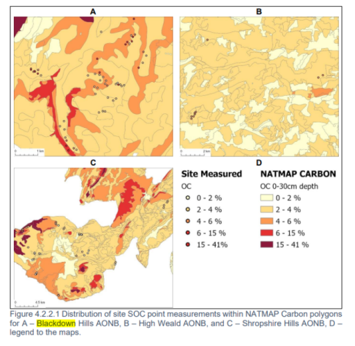 Distribution of site SOC point measurements within NATMAP Carbon polygons for A - Blackdown Hills AONB, B - High Weald AONB, and C - Shropshire AONB, D legend to the maps.