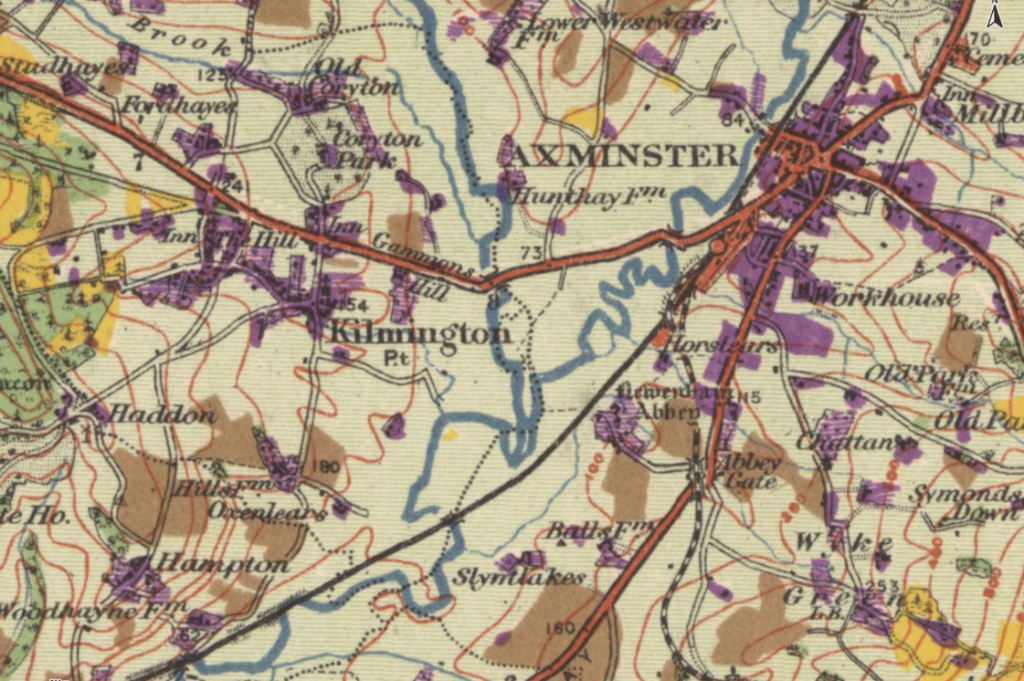 Historic map showing the River Axe near Axminster