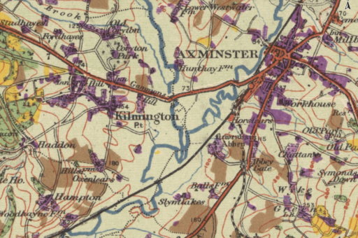 Historic map showing the River Axe near Axminster