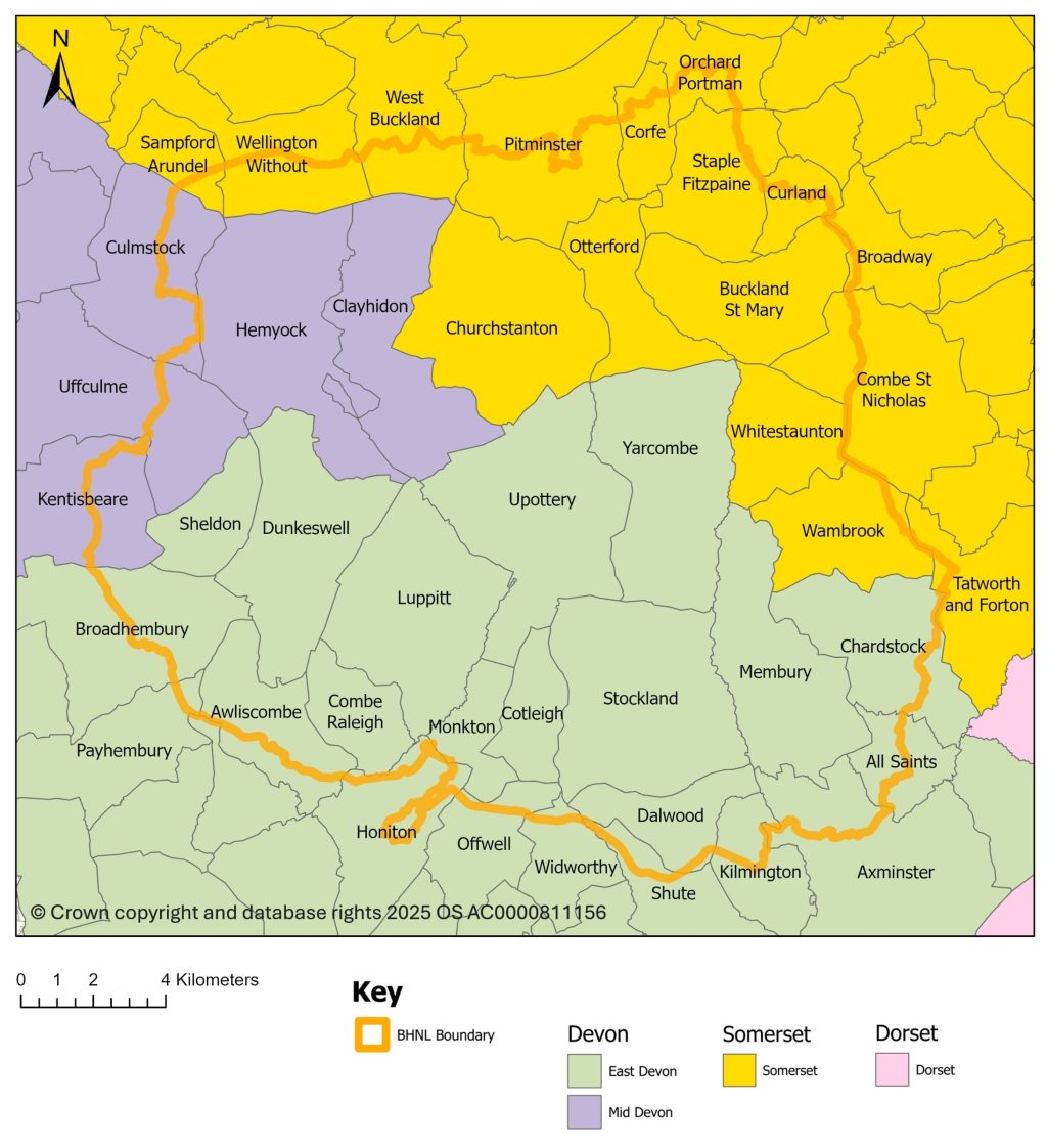 map showing Blackdown Hills parishes by local authority area